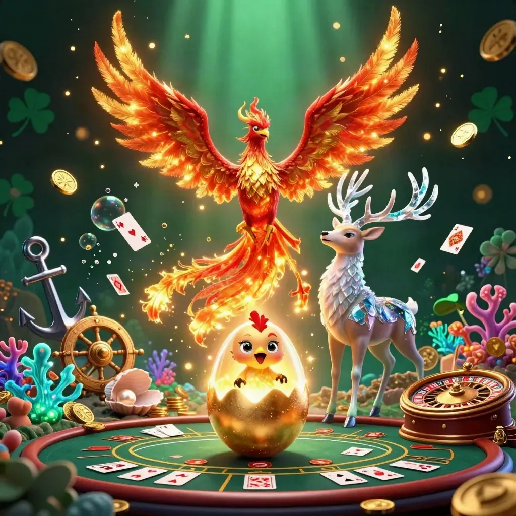 Phoenix, hatching chick, and crystalline stag amid casino treasure, cards, and glowing neon light