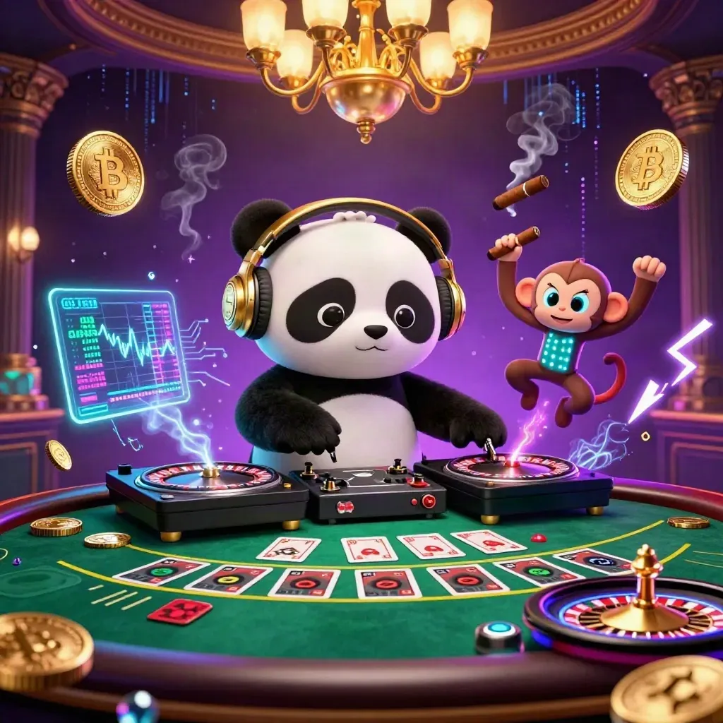DJ panda, monkey, and glow-stick kitten in a neon casino with coins, charts, and lightning.