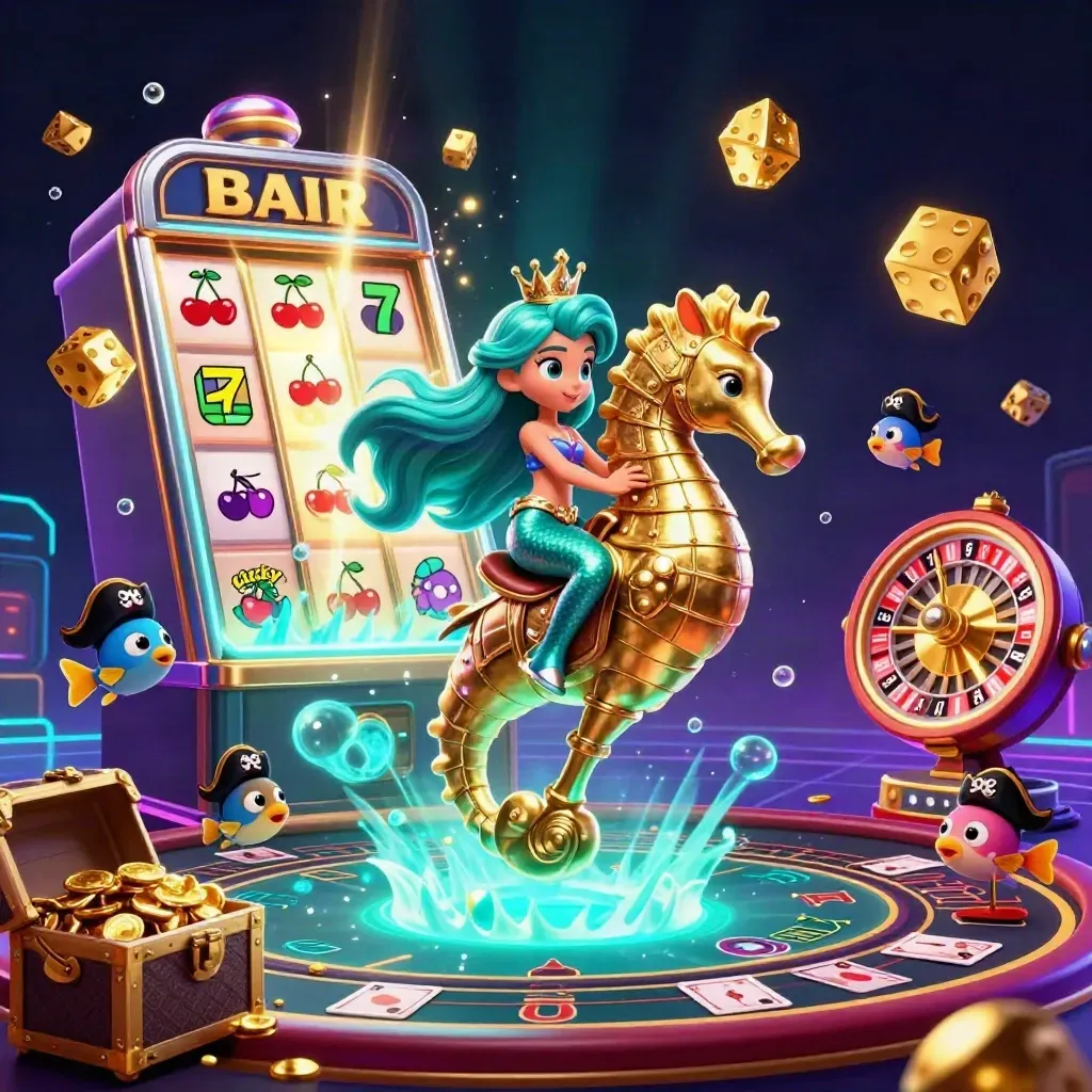 Mermaid princess on a golden seahorse amid jackpot rays, neon fish, dice, and a glowing slot machine.