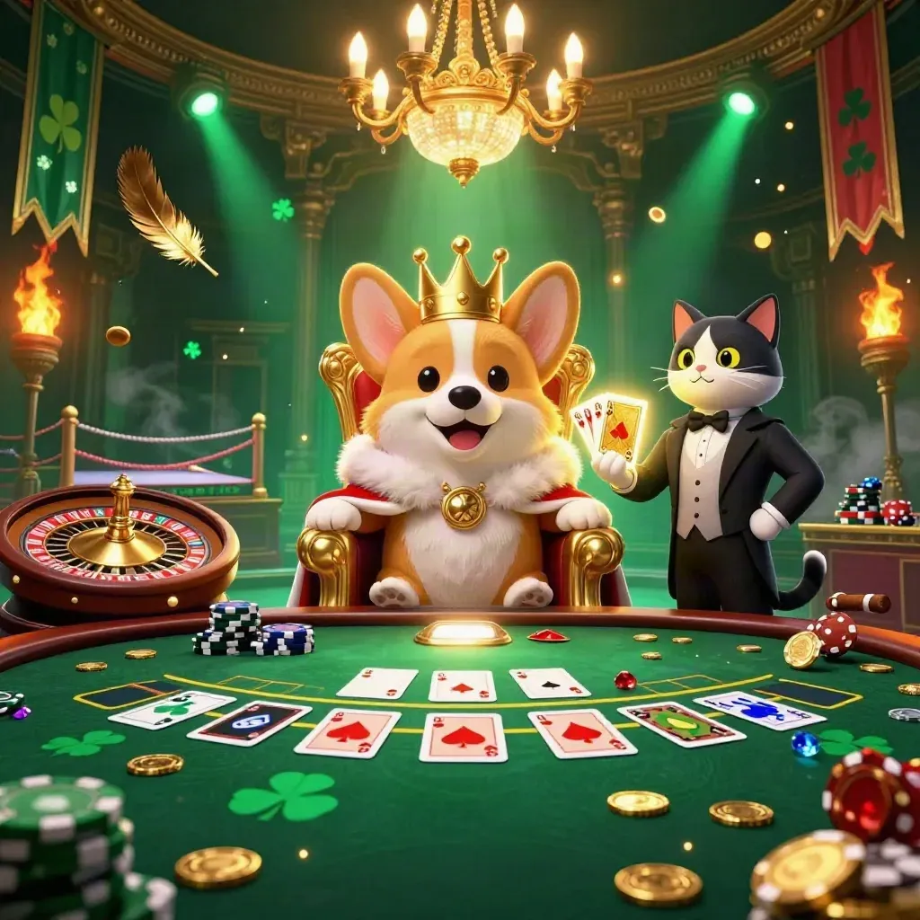 Royal corgi and cat butler in a glowing high-stakes casino room with roulette, cards, coins, and jade lighting.