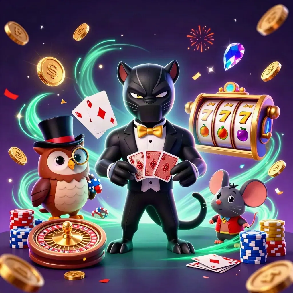 Panther, owl, and mouse deal cards amid chips, coins, gems, and a glowing roulette wheel.