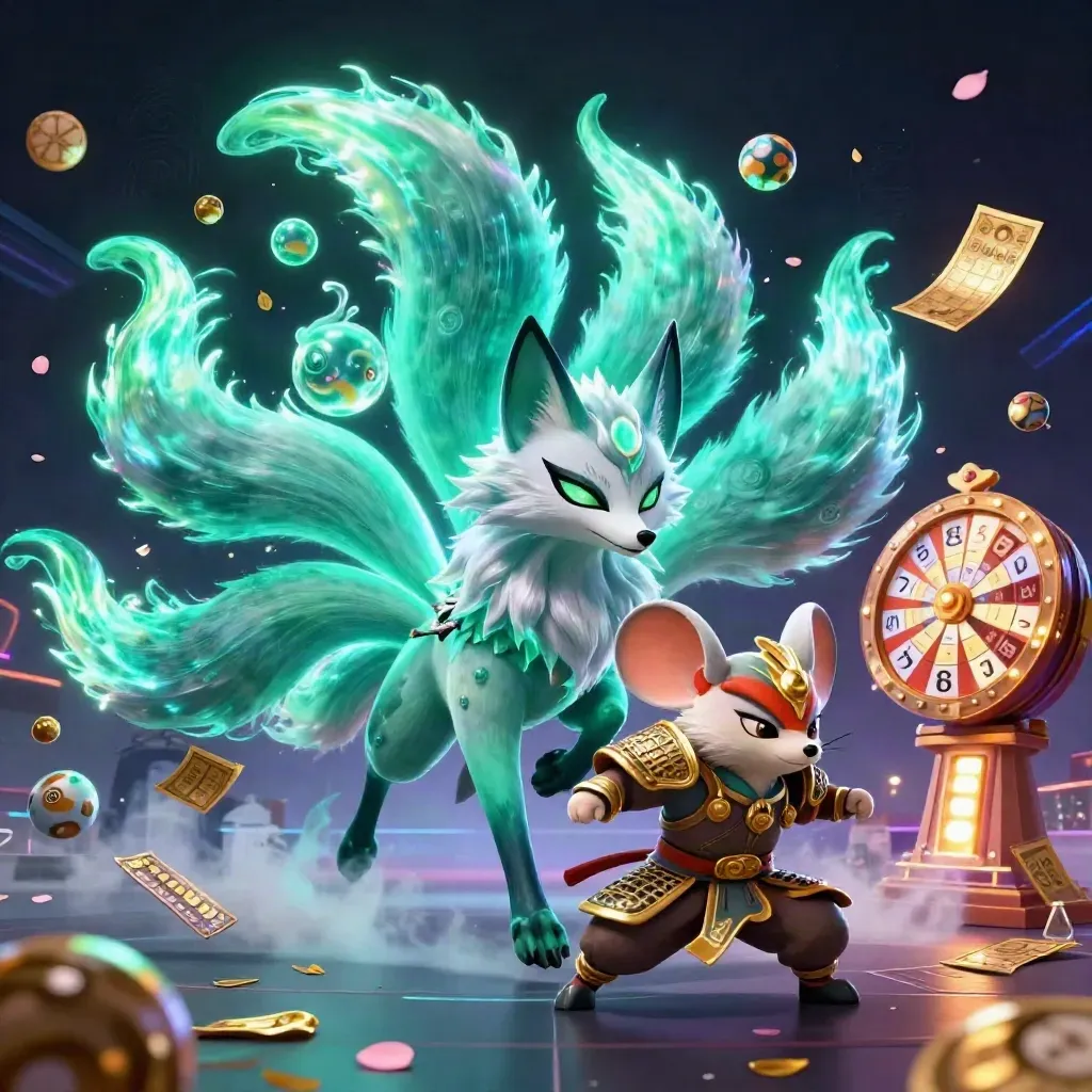 Nine-tailed fox spirit and samurai mouse amid casino treasure burst.