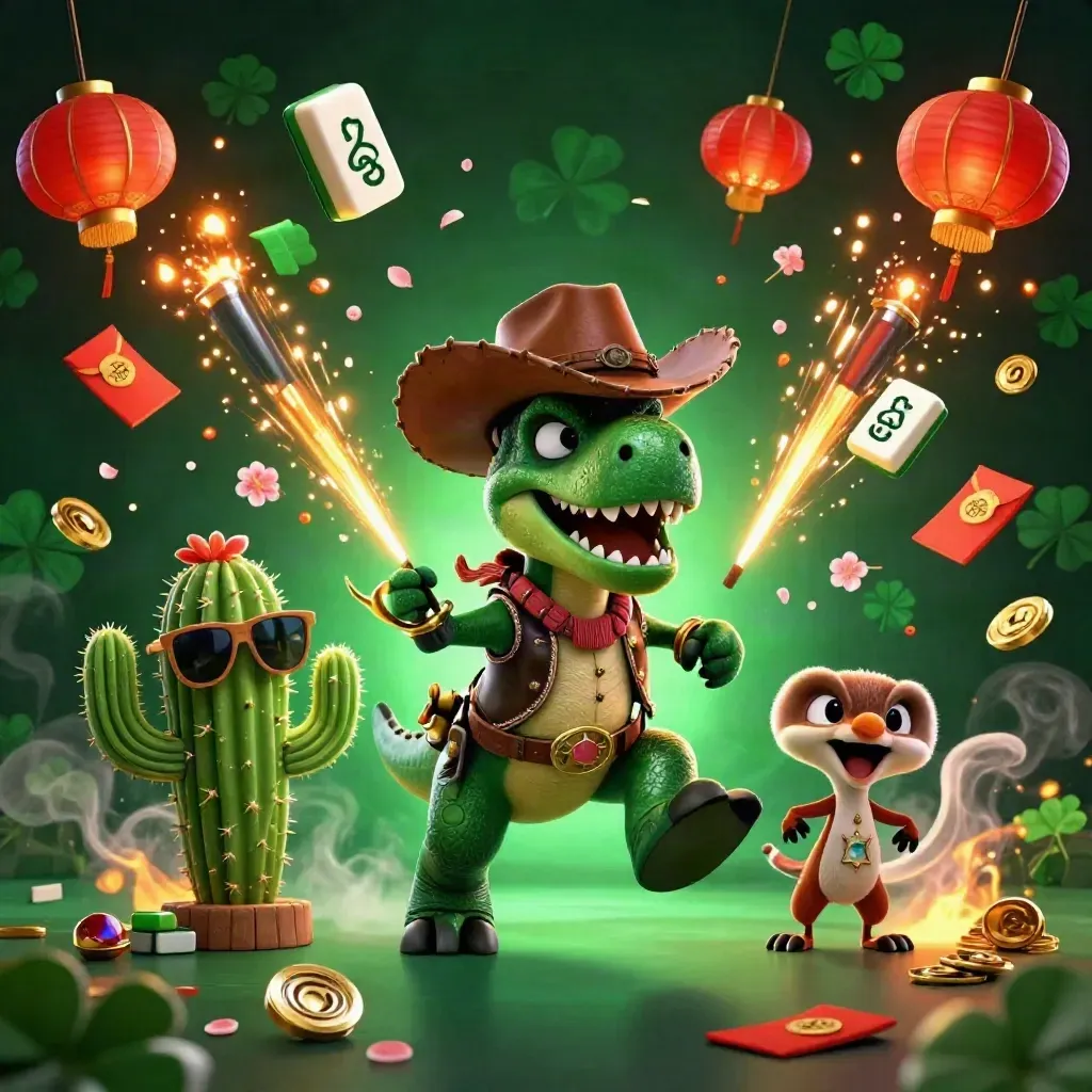 Cowboy T-Rex, cactus sidekick, and roadrunner burst through jade casino treasure and fireworks.