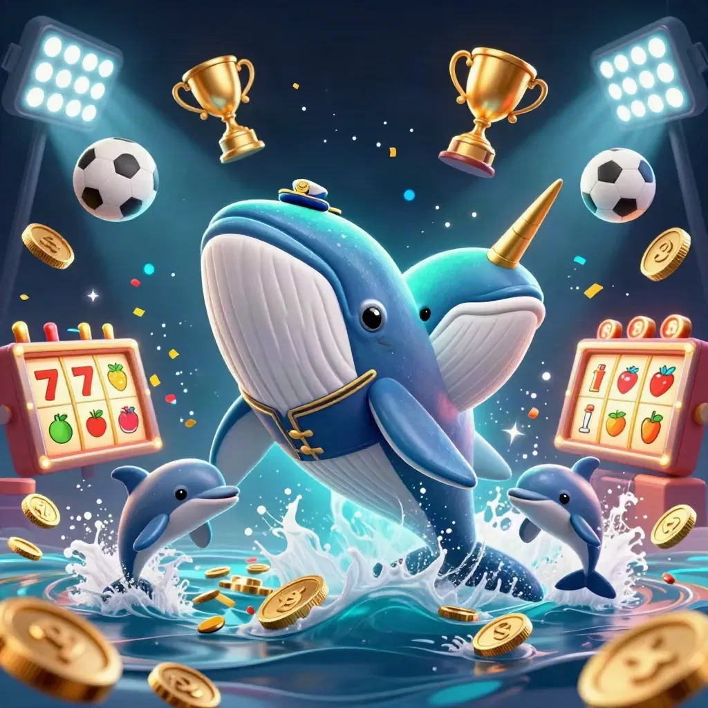 Captain whale, narwhal, and dolphins burst through coins amid esports casino lights and neon effects.