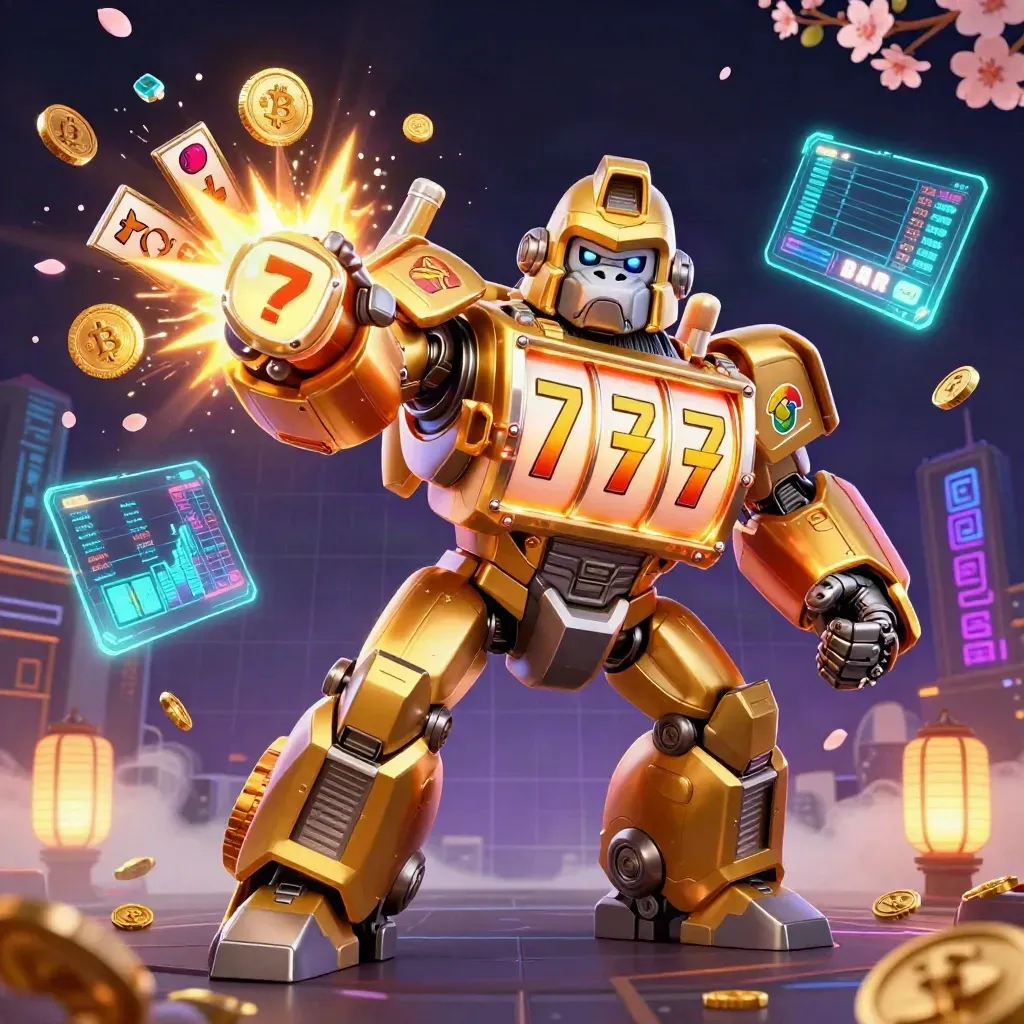 Golden gorilla slot mech with tiny monkey pilot, coins, neon charts, and rune-lit casino effects