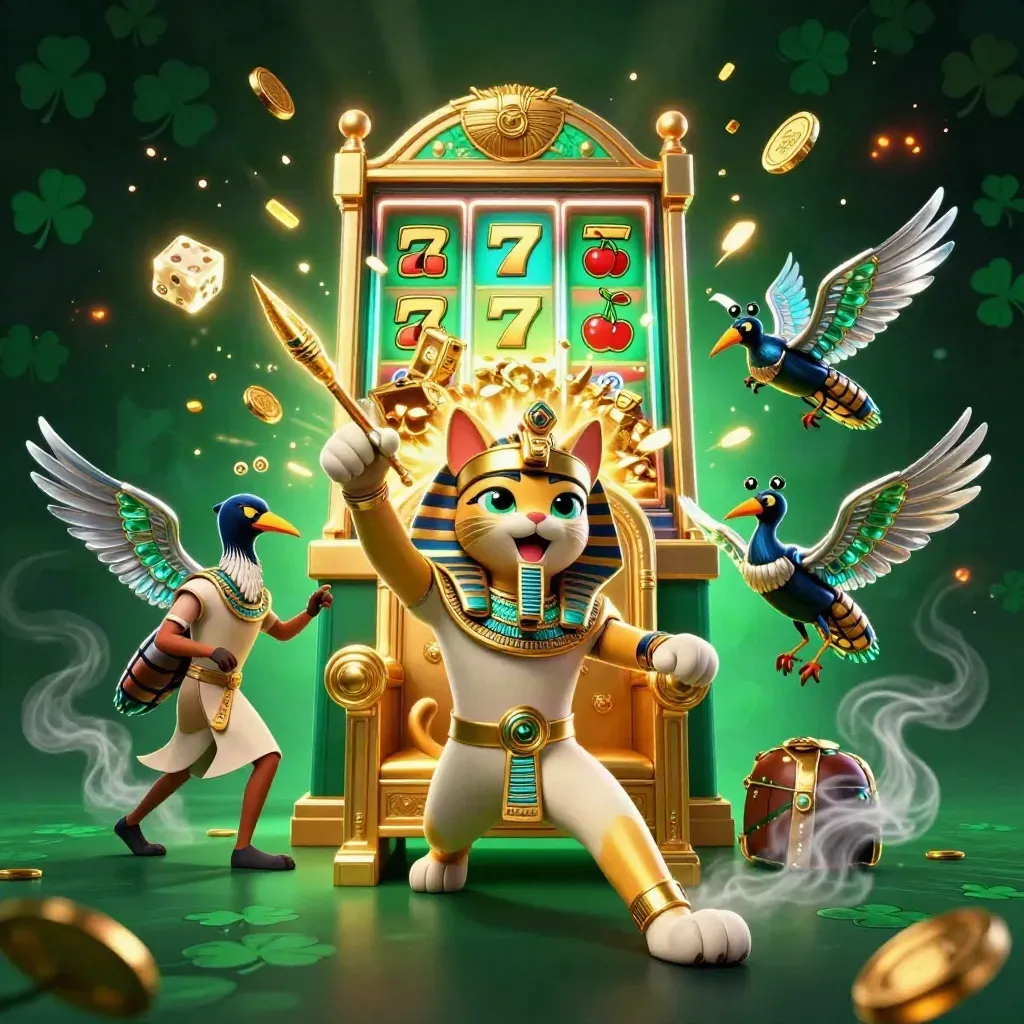 Pharaoh cat, ibis scribe and gem-wing scarabs amid a bursting slot machine and treasure
