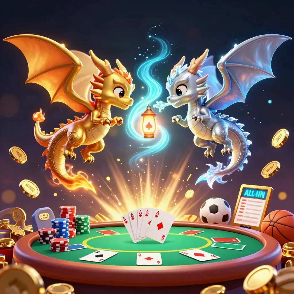 Gold and silver dragons with treasure, coins, chips, cards, and neon casino effects.