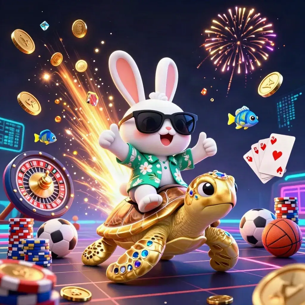 Cartoon lucky rabbit rides a gem turtle amid coins, chips, cards, roulette, neon energy, and fireworks.