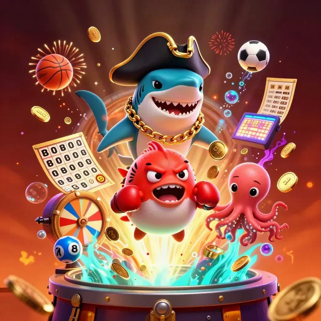 Pirate shark, boxing pufferfish, and coin-juggling octopus amid casino treasure bursts and neon glow.