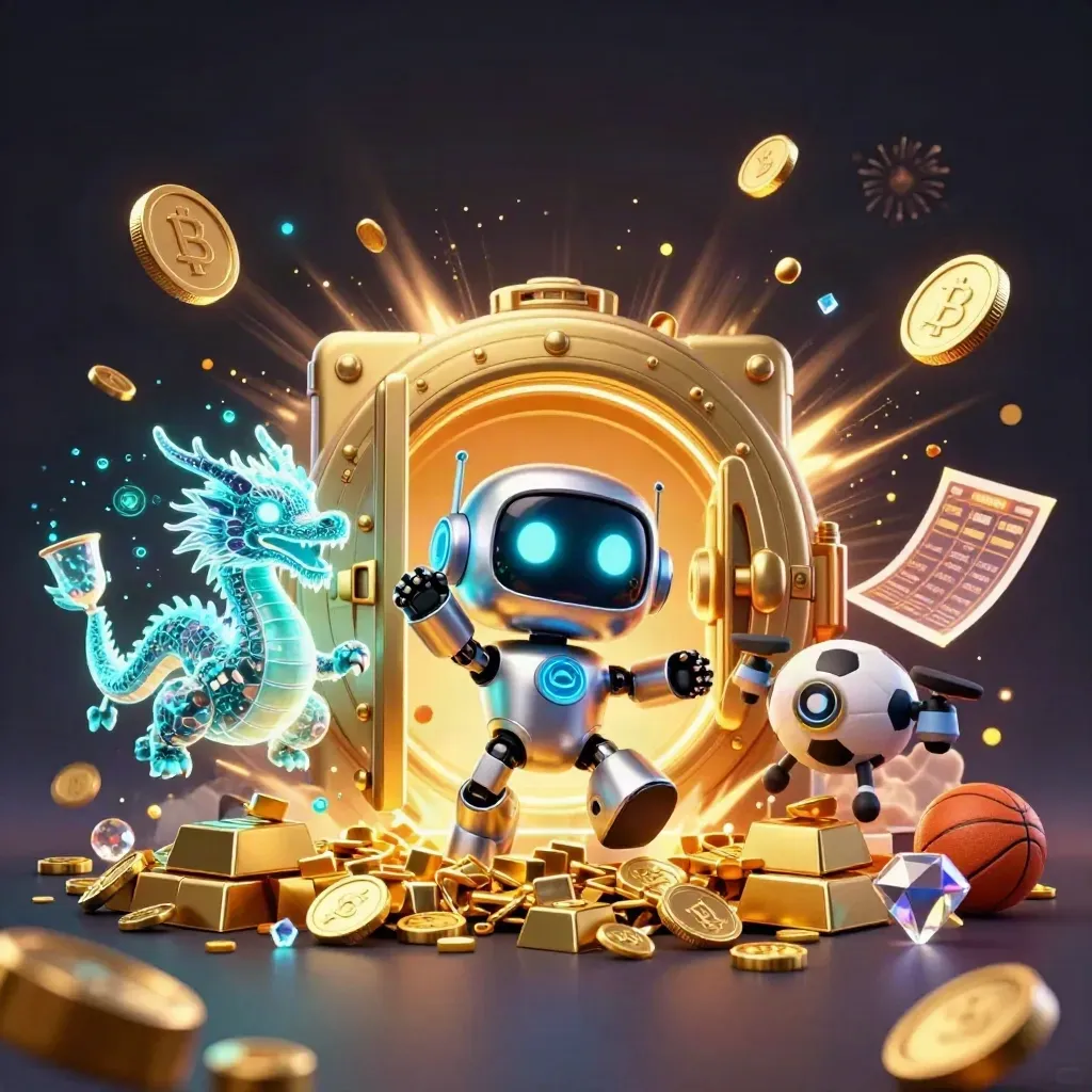 Robot, dragon, and coin drone burst from a golden vault with treasure, coins, and fireworks.