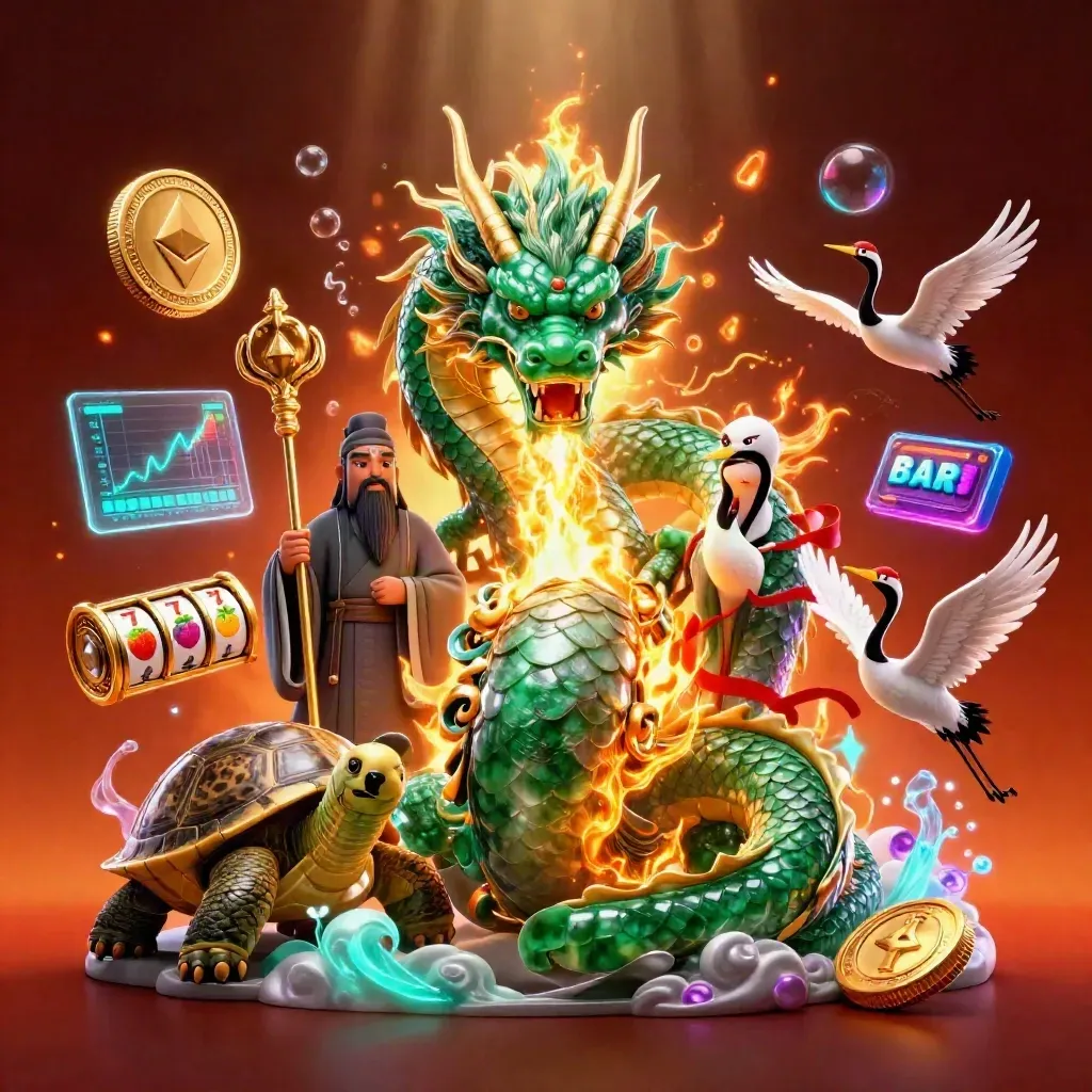 Jade dragon, turtle sage, and cranes amid glowing coins, reels, lightning, and neon effects.