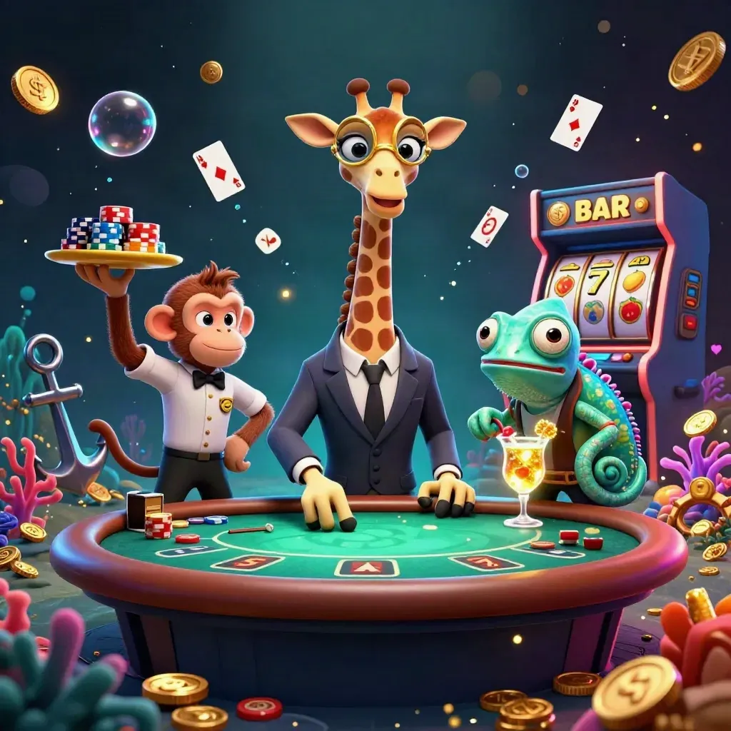 Giraffe high roller with monkey valet and chameleon bartender at a glowing poker table