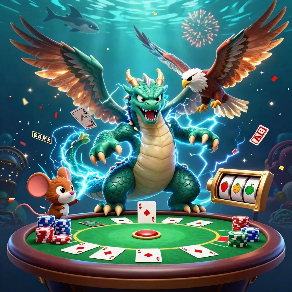 Thunder dragon, hawk, and crackling mouse amid casino chips, cards, reels, and neon energy