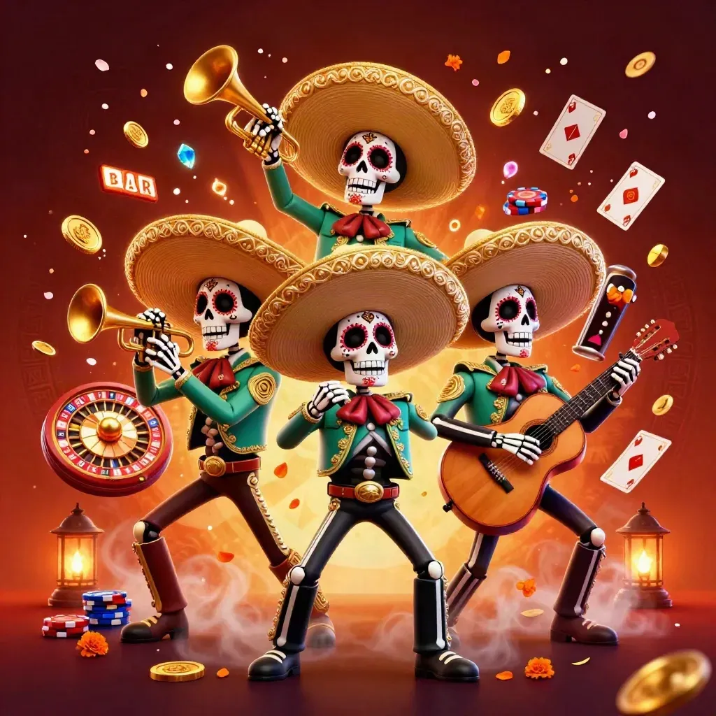 Three skeleton mariachi heroes amid coins, chips, cards, reels, and glowing casino effects.