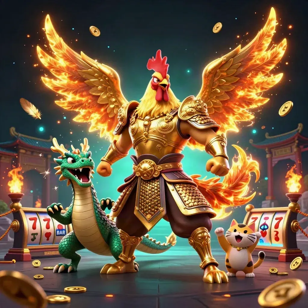 Rooster warrior, dragon hatchling and fortune cat in a neon casino battle scene.
