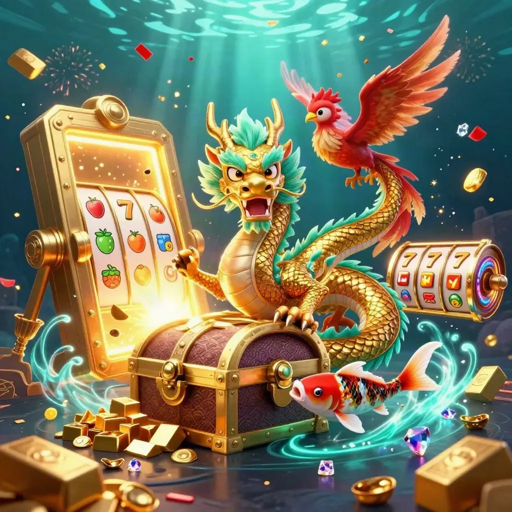 Golden dragon, phoenix, and koi amid casino treasure, vault light, and neon underwater effects.