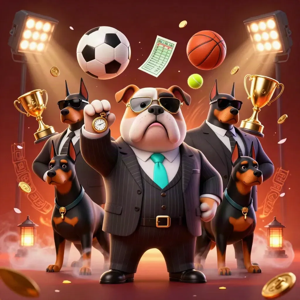 Bulldog mob boss with two Dobermans, floating sports gear, coins and trophy in neon casino glow