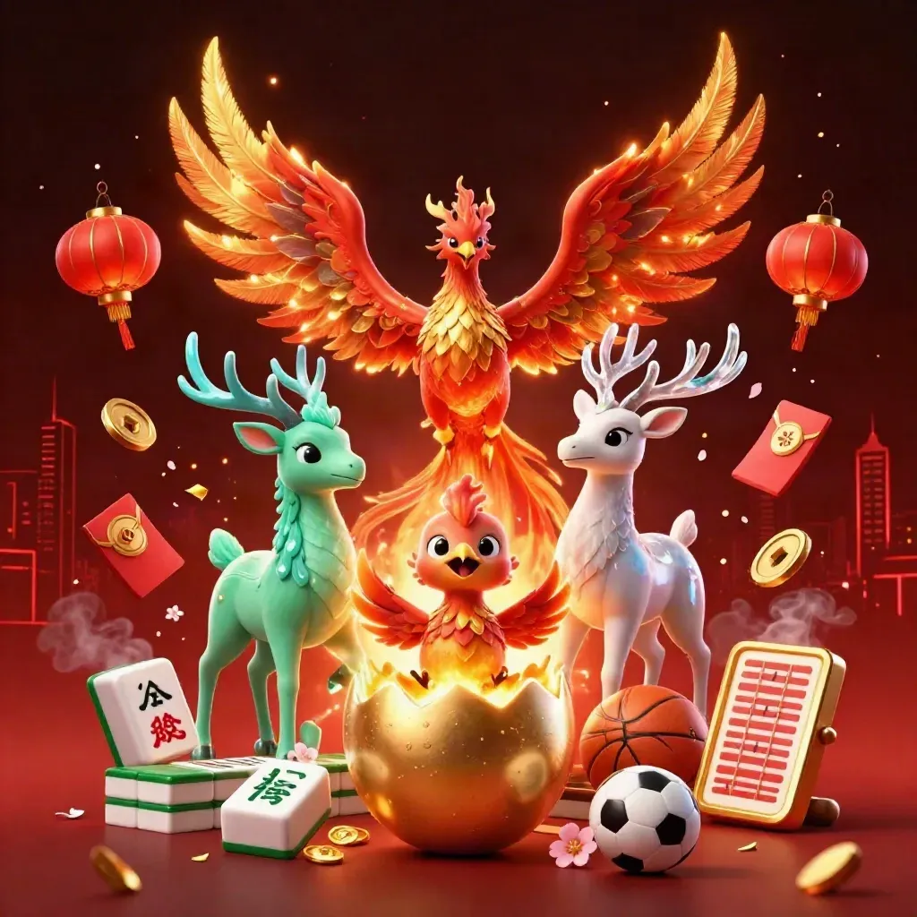 Phoenix, baby phoenix, stag, and casino sports objects in neon jade, gold, and cyan.