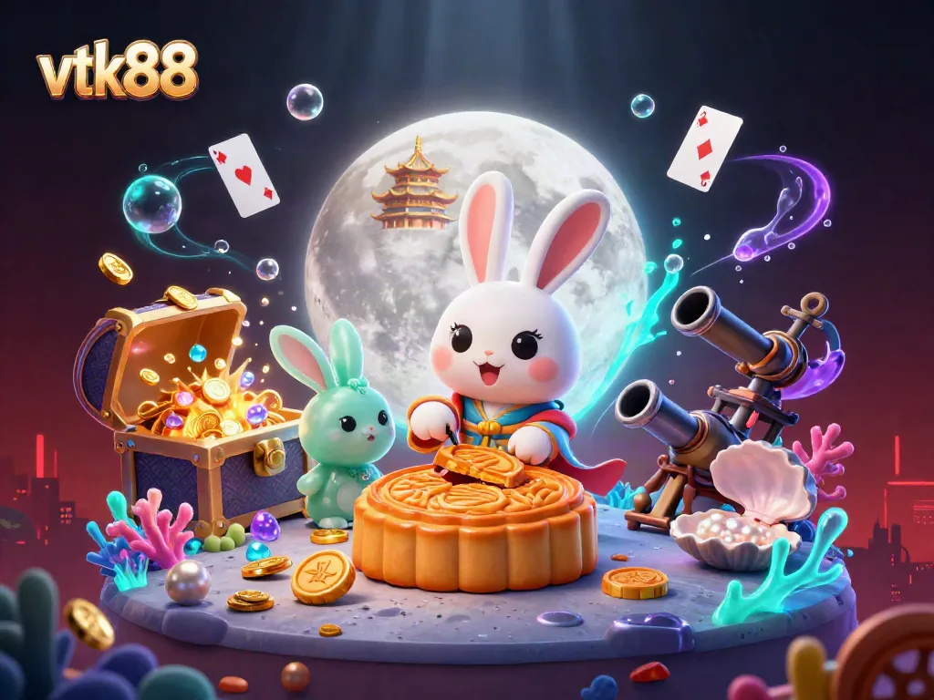 Experience the excitement of vtk88's vibrant casino atmosphere with a magical moon rabbit illustration.
