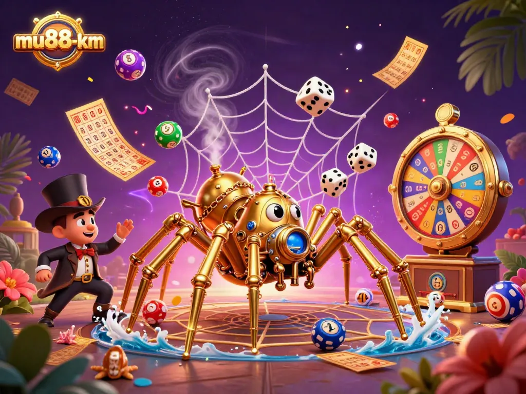 Experience the thrill of mu88-km with a vibrant 3D scene of playful lottery elements and steampunk characters.