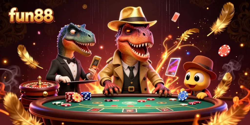Engage with thrilling fun88 casino adventures featuring a cartoon velociraptor and stegosaurus at a blackjack table.