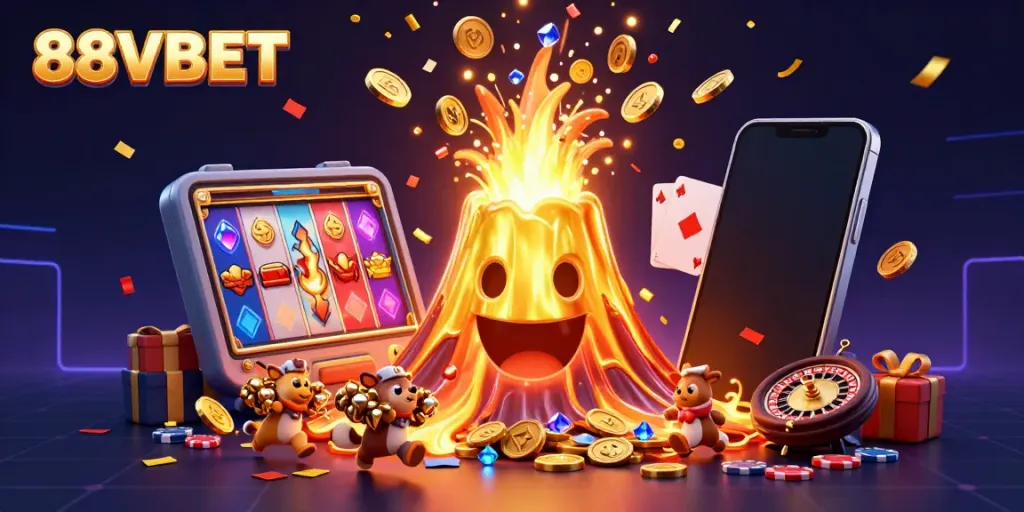Experience the 88VBET thrill with a golden volcano erupting coins in this vibrant casino scene.