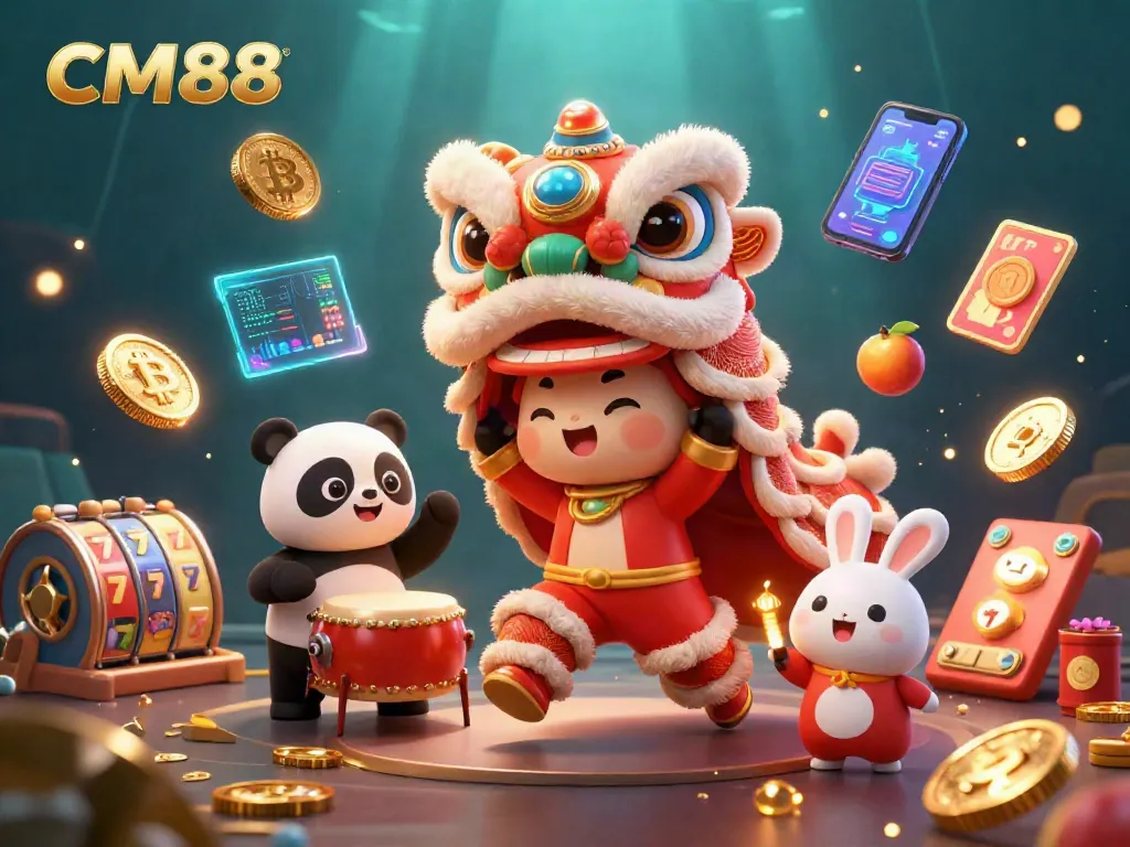 Experience thrilling gaming at CM88 with vibrant lion dance characters and dynamic casino elements.