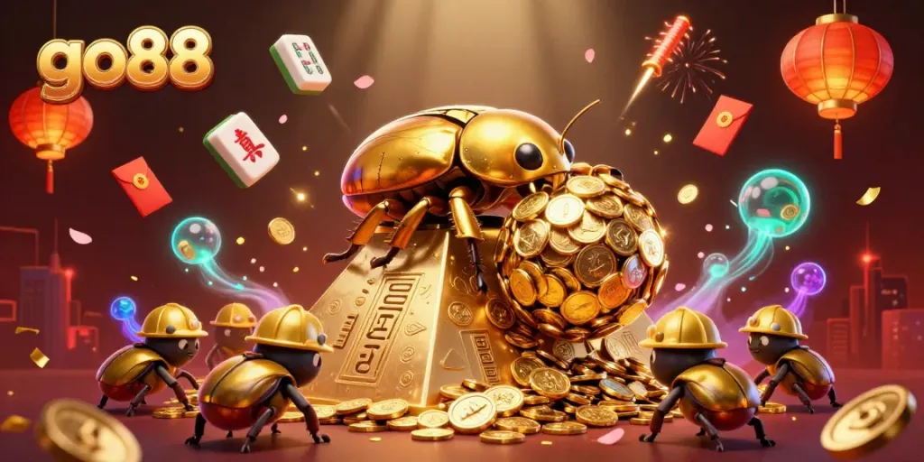 GO88 mang lại trải nghiệm chơi game hấp dẫn, với hình ảnh dí dỏm của bọ hung vàng và đồng xu vàng.