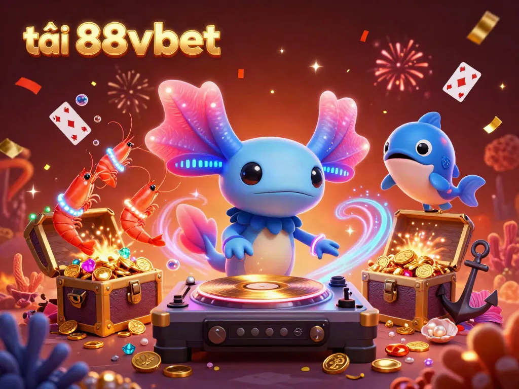 Engage in the excitement with tải 88vbet, featuring a neon-colored DJ axolotl and dynamic underwater casino elements.