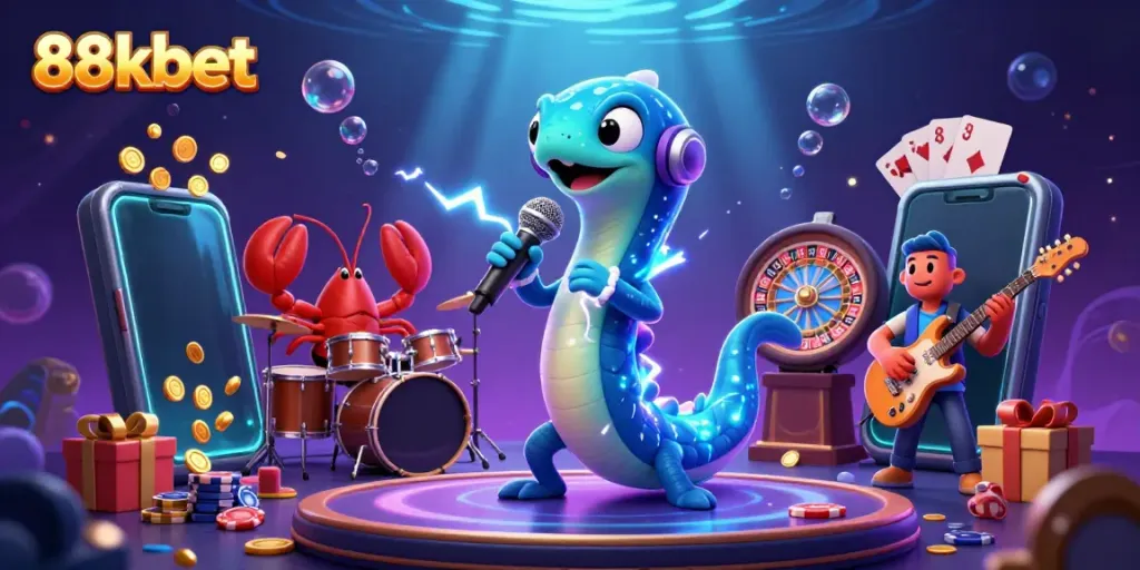 Experience vibrant casino excitement with 88kbet's dynamic underwater performance scene featuring electric eel DJ and backup band.