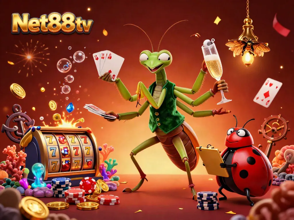 Engage with Net88 tv as the giant praying mantis card sharp entertains in a vibrant casino atmosphere, showcasing interactive gaming elements.
