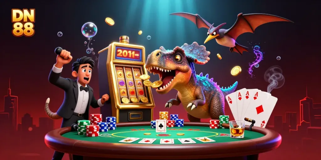 DN 88 logo illustration with dynamic casino action, including a dinosaur, slot machine, and poker elements.