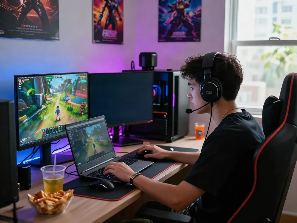 Exciting A80 gaming platform scene with user engaged in gameplay, colorful graphics, and gaming accessories in a vibrant room.
