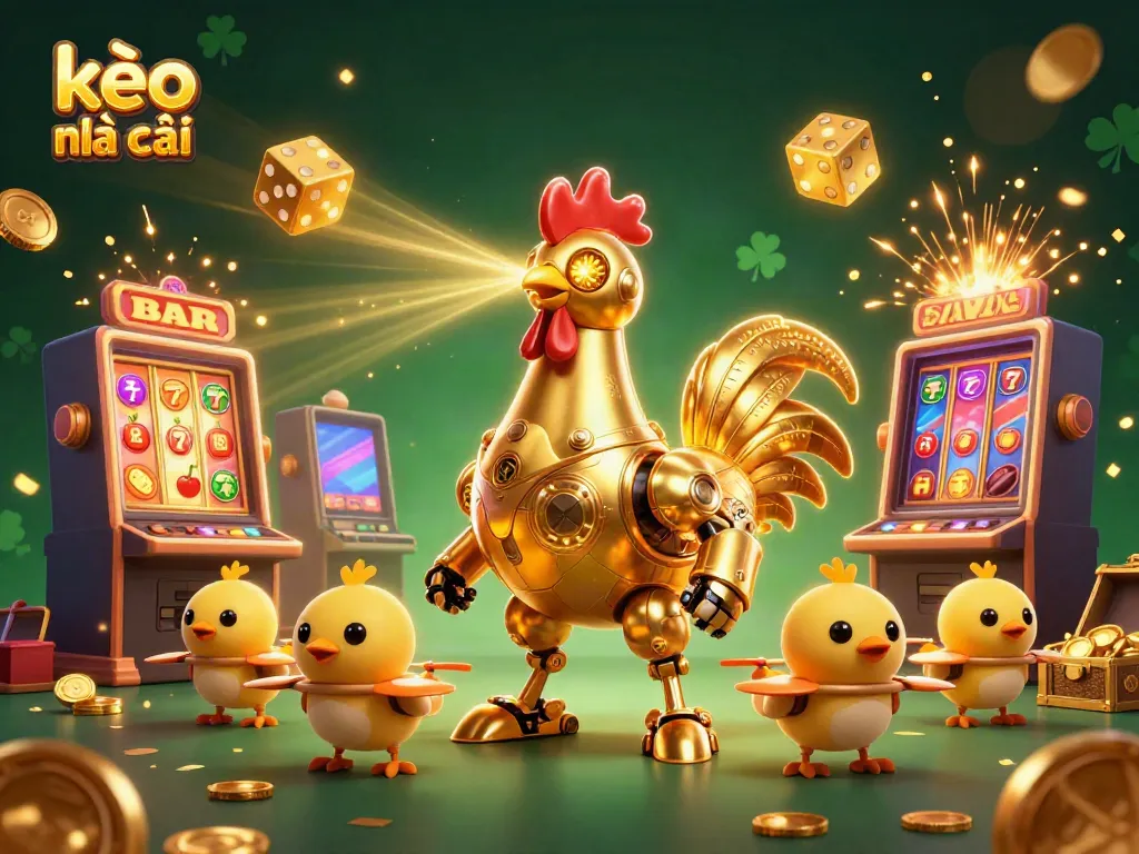 Experience kèo nhà cái action with a dynamic scene featuring a golden rooster robot and vibrant casino elements.