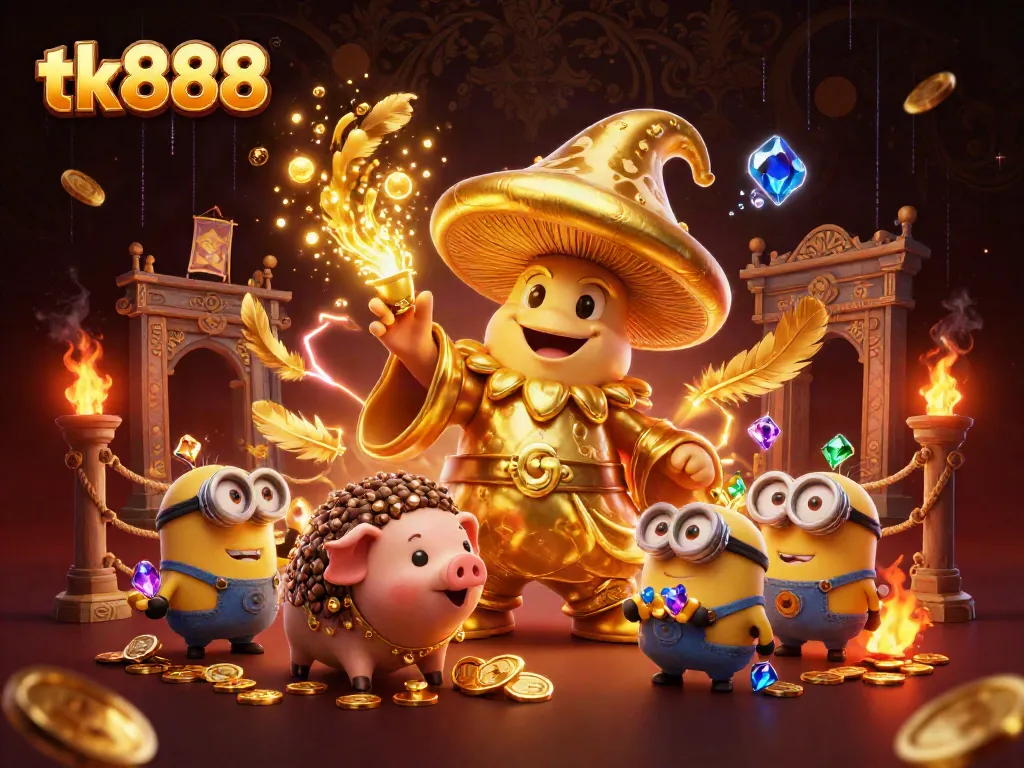 Engage with tk888's enchanting casino universe featuring a magical mushroom wizard and treasure-hunting companions.