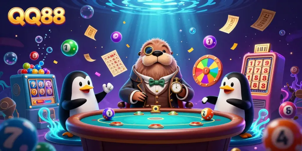 Win big with QQ88 at an underwater casino featuring a walrus, penguin dealer, and pufferfish player.