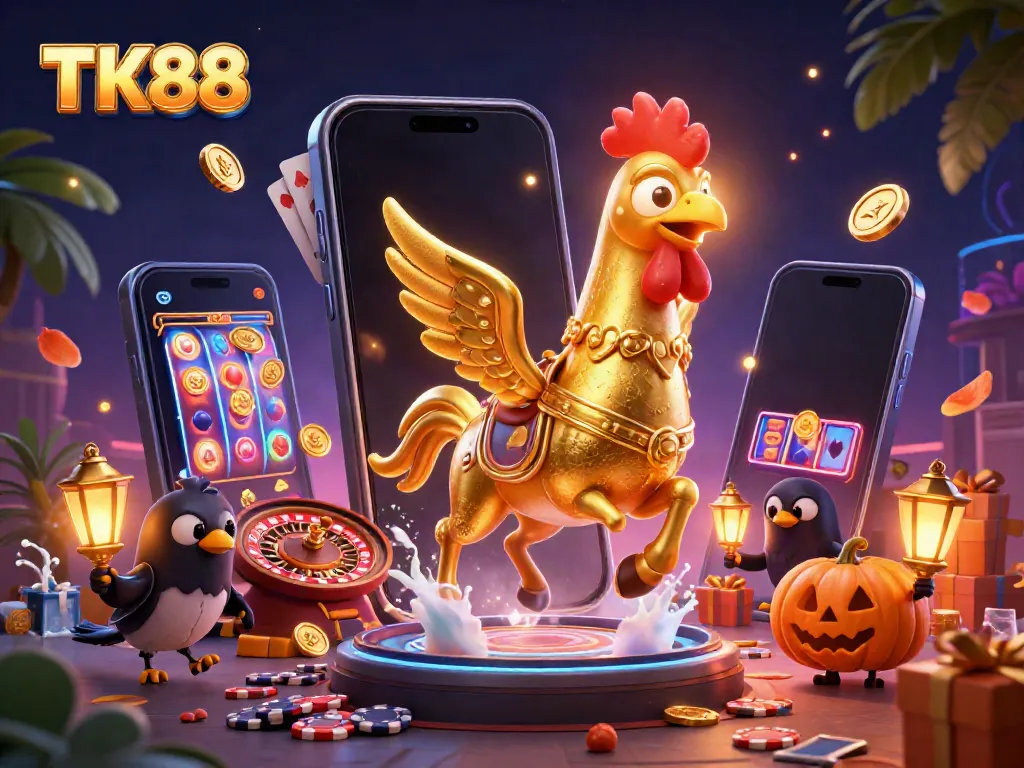 Experience dynamic gameplay with TK88's vibrant casino scene featuring engaging characters and slot games.