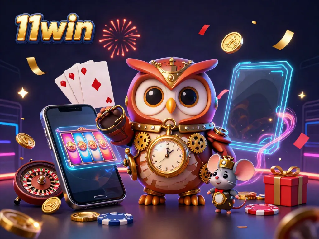Engage in thrilling fun at 11win with the animated owl and clockwork mouse amidst vibrant slot games.