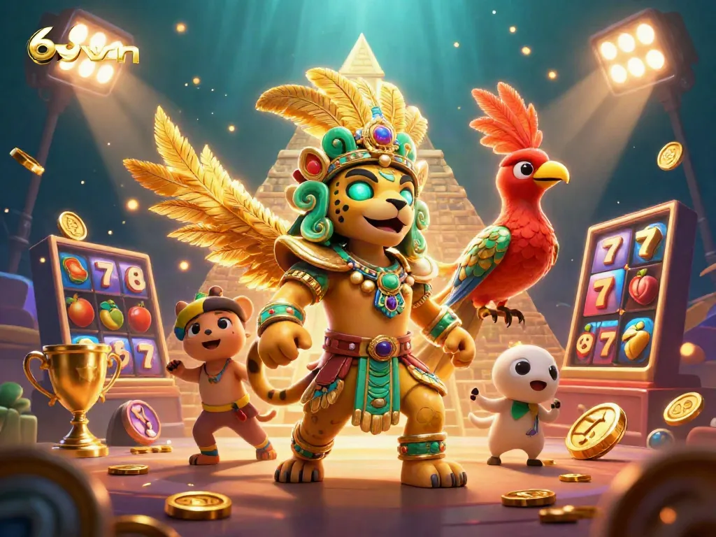 Experience thrilling gameplay at 69vn with an immersive illustration of a casino scene featuring slots and a Mayan jaguar priest.