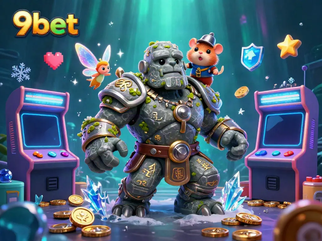 Experience exciting gameplay at 9bet with a magical scene featuring a golem guardian and enchanted companions.