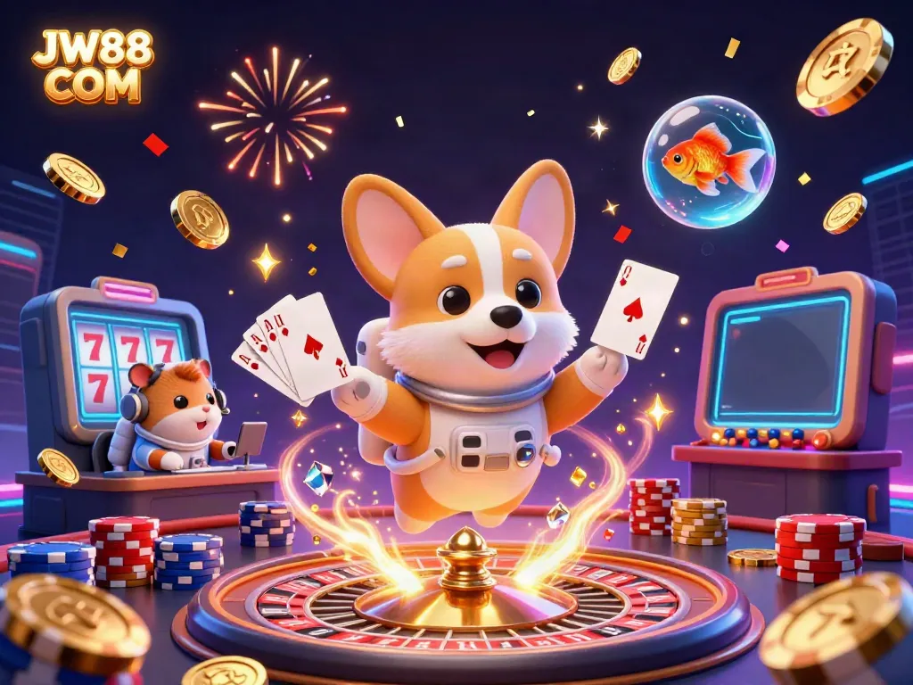 Play and win at JW88 COM with a 3D astronaut corgi and vibrant casino elements.
