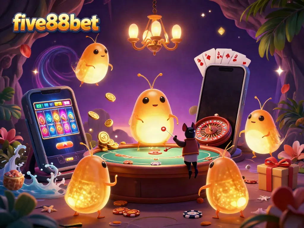 Experience vibrant online gaming with five88bet's unique casino scene highlighted by golden-glowing glowworms.