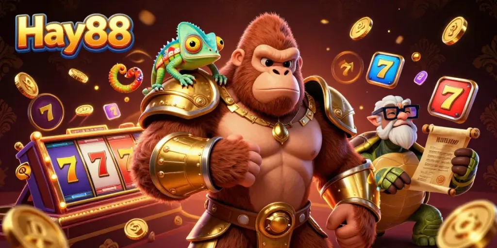 Hay88 showcases a powerful gorilla king and a tortoise elder amidst dynamic slot elements and golden coins.