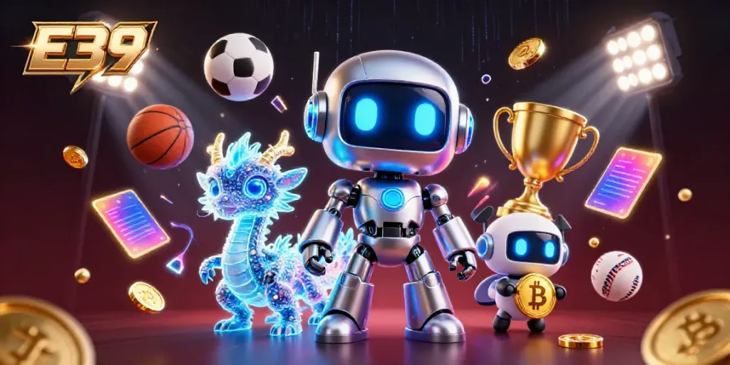 The E39 robot mascot interacts with a fleet of sports betting elements, showcasing excitement and action.