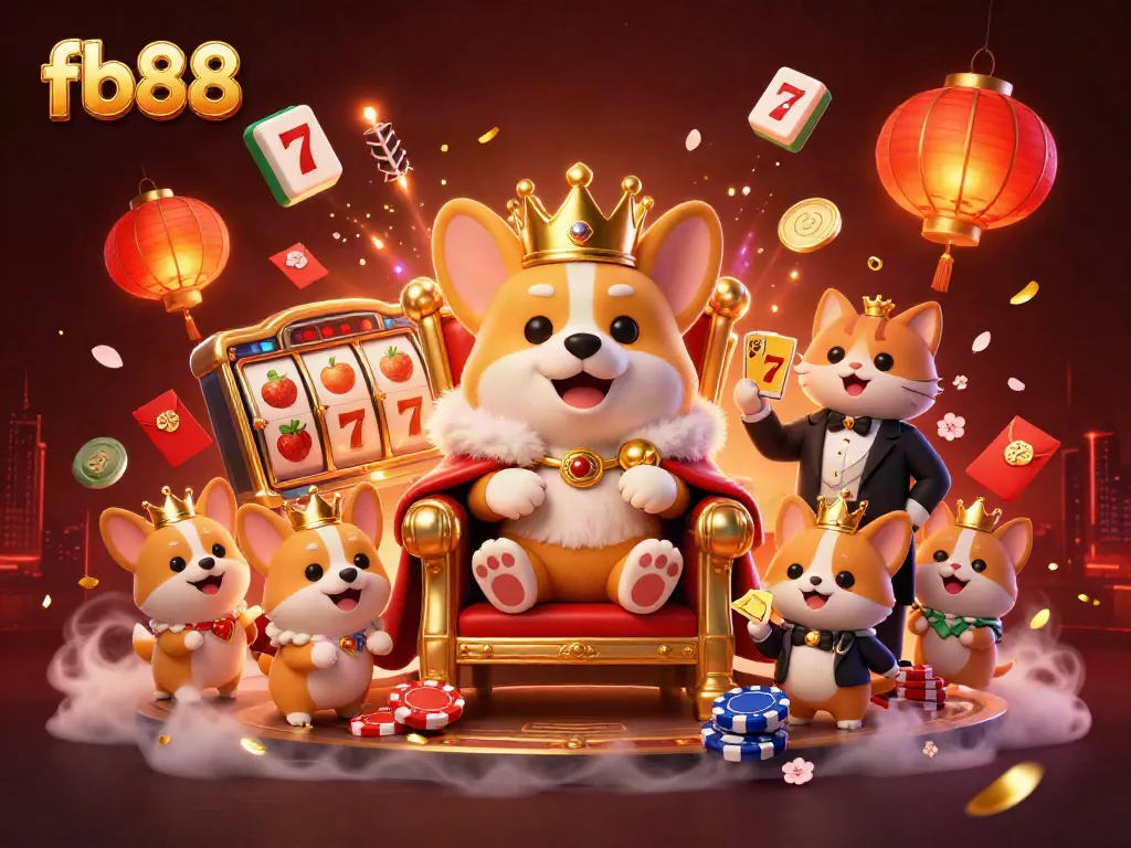 Experience the excitement of fb88 with a royal corgi on a throne amidst vibrant casino elements.