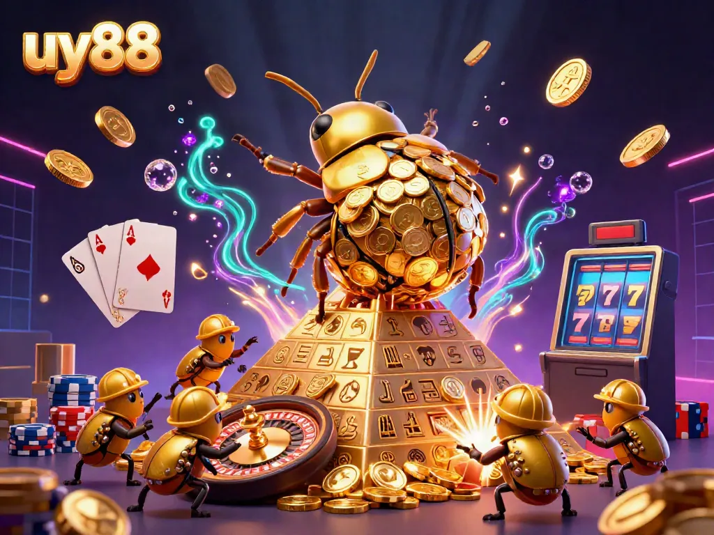 Experience excitement at uy88, featuring a golden dung beetle scene overflowing with casino treasures.