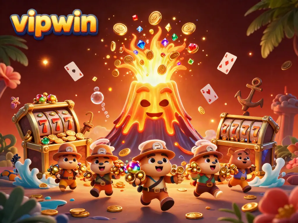 Experience thrill and excitement at vipwin with a golden volcano erupting treasure in a vibrant casino scene.
