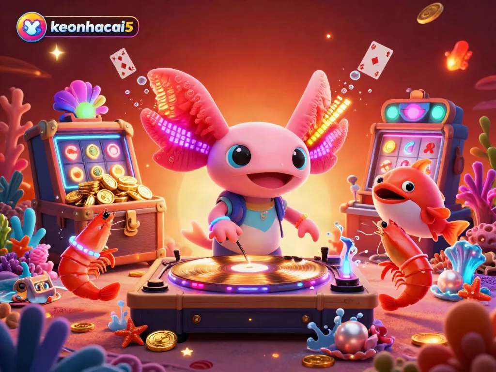 Engage with keonhacai5's vibrant underwater gambling scene featuring a DJ axolotl and lively shrimp dancers.