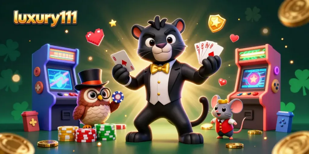 Engage in luxury111 gaming action with a stylish black panther dealer and charismatic owl amidst colorful casino elements.