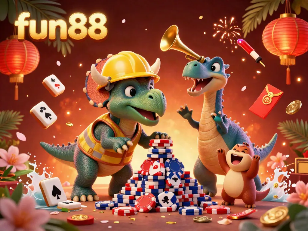Experience the excitement of fun88 with colorful casino characters building poker chips amid vibrant decorations.